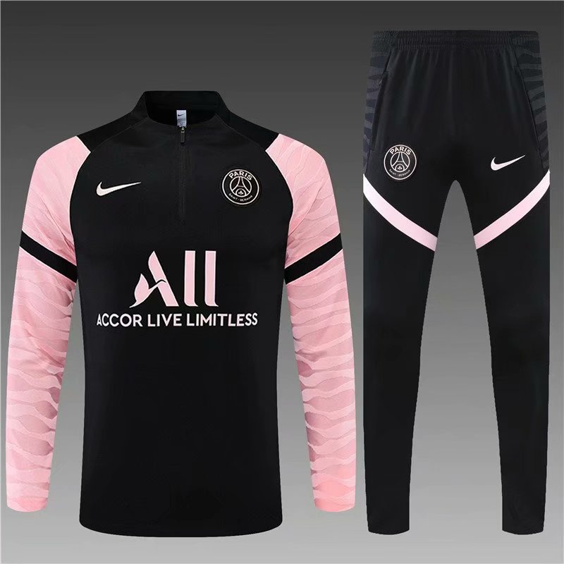 2021-22 Paris SG Black With Pink Sleeve Thailand Soccer Tracksuit Uniform-801