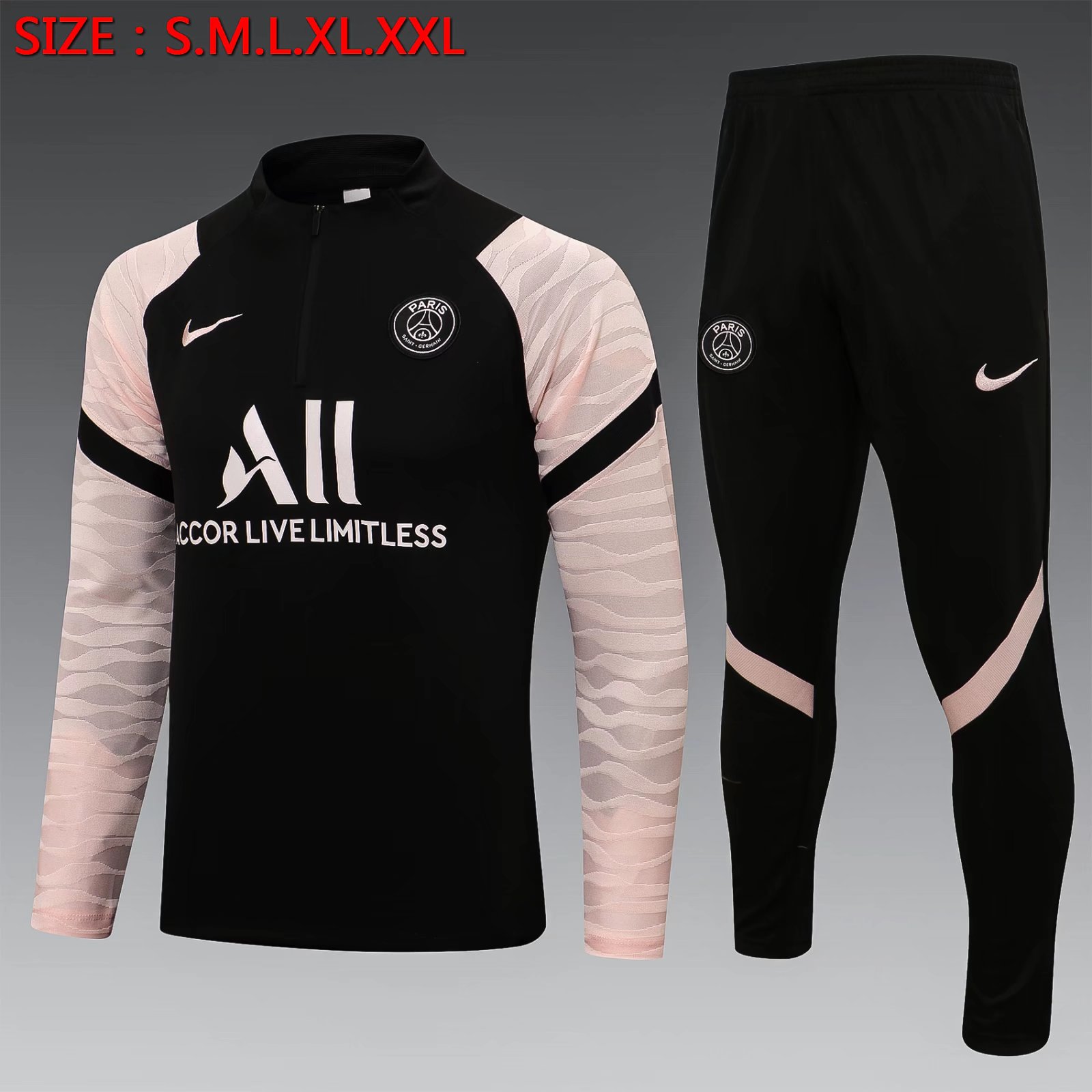 2021-2022 Jordan Paris SG Black With Pink Sleeve Thailand Soccer Tracksuit Uniform-815