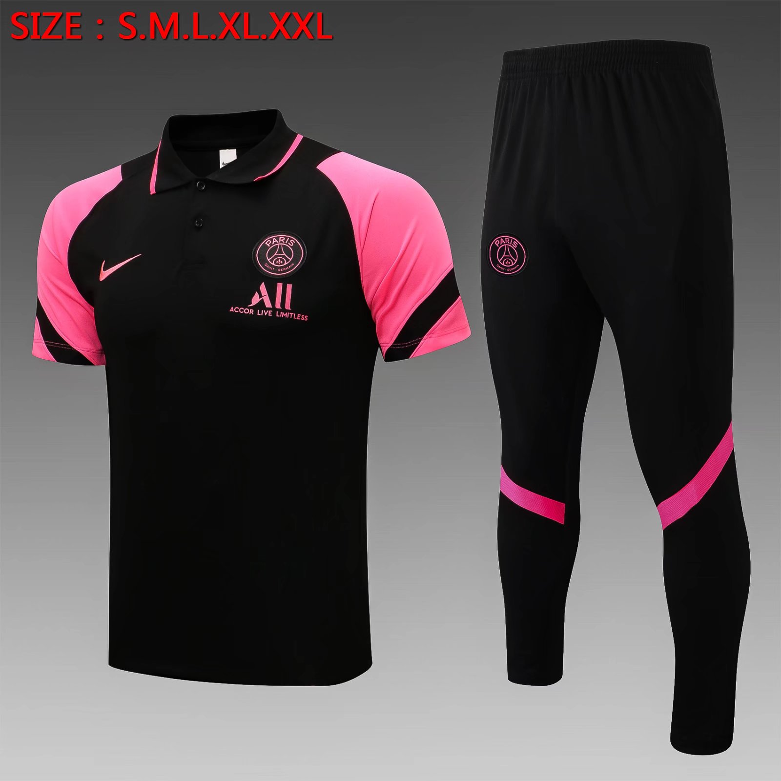 2021-2022 PSG Black With Pink Sleeve Thailand Polo Uniform-815