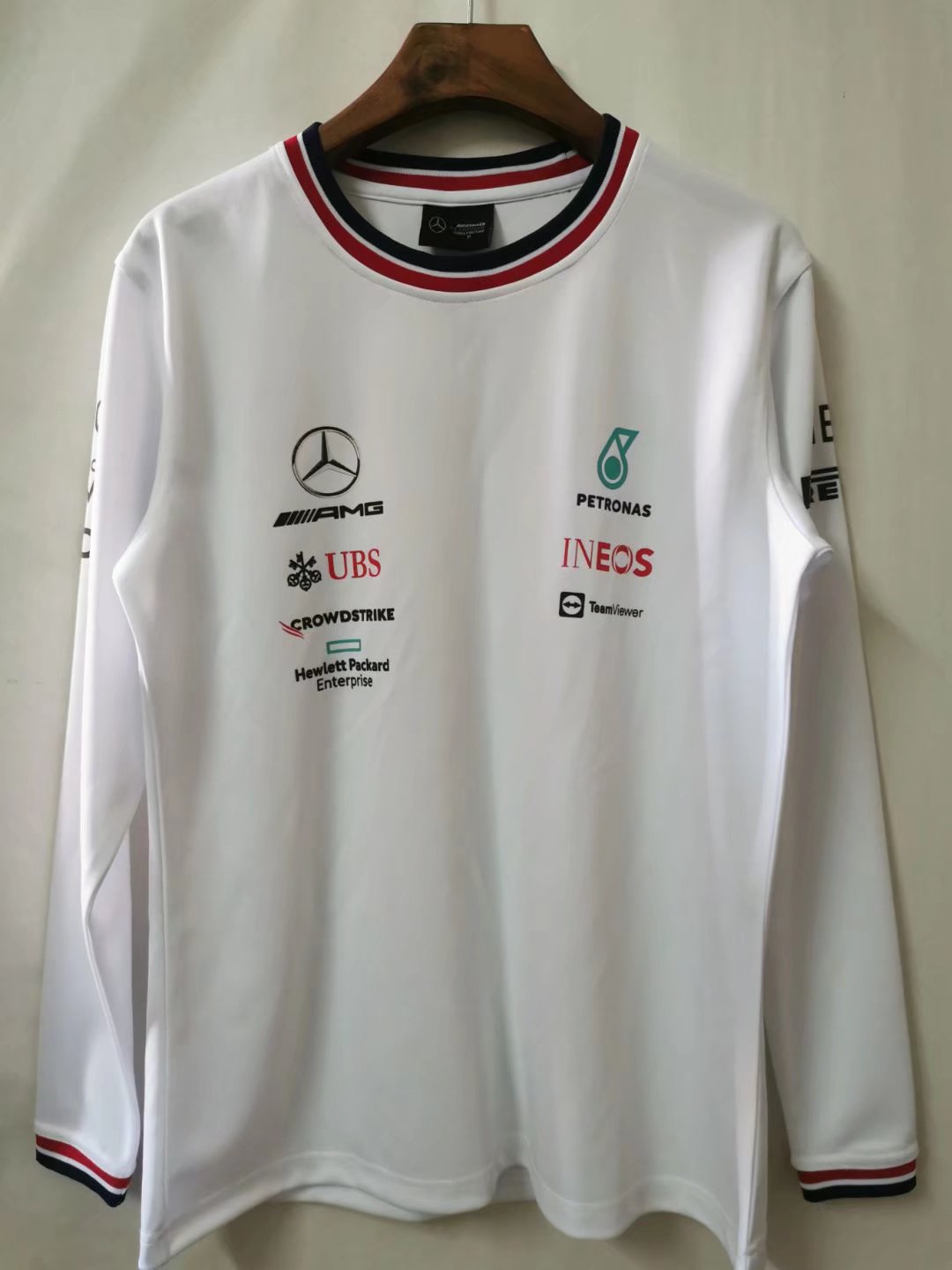 2021-2022 Mercedes White Round Collar LS Formula One Racing Jersey-805