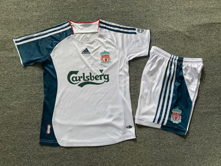 06-07 Retro Version Liverpool Away White & Green Youth/Kids Soccer Uniform-1040