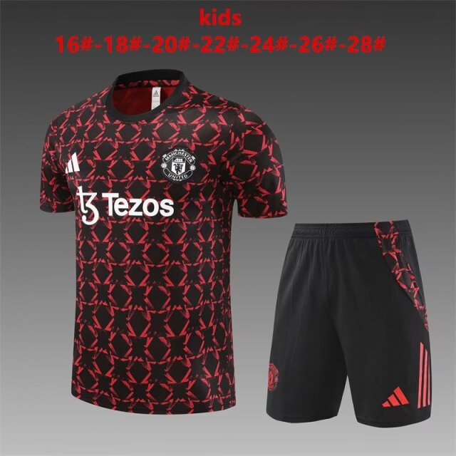 Kids 2024/25 Manchester United Black & Red Shorts-Sleeve Kids/Youth Thailand Tracksuit Uniform-801