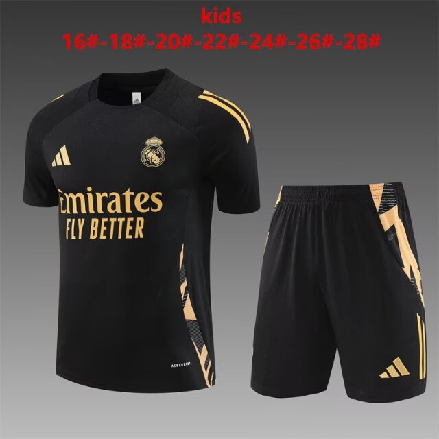 Kids 2024/25 Real Madrid Black Gold Shorts-Sleeve Kids/Youth Soccer Tracksuit Uniform-801