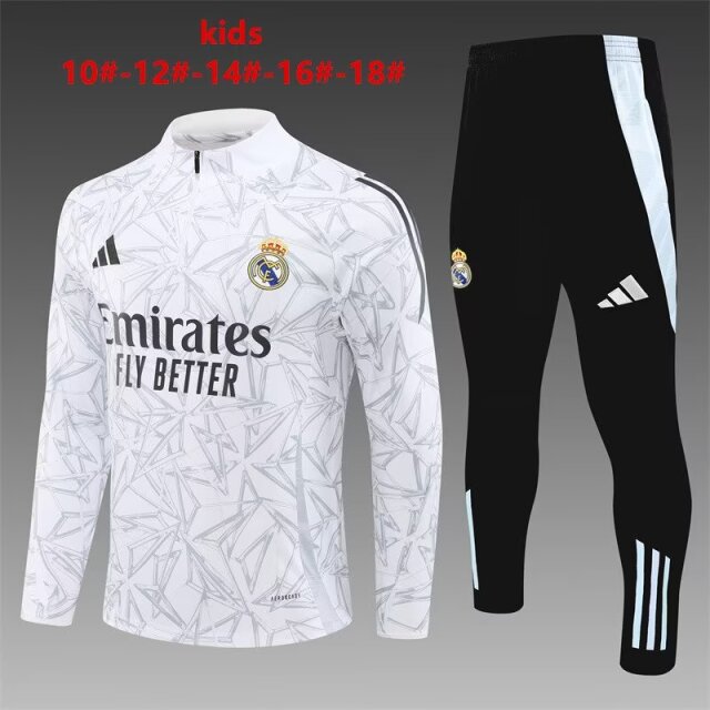 Kids 2024/25 Real Madrid White & Gray Kids/Youth Soccer Tracksuit Uniform-801
