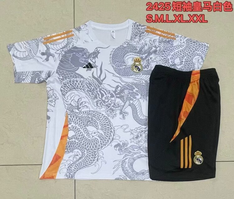 2024/25 Real Madrid White & Gray Shorts-Sleeve Soccer Tracksuit Uniform-815