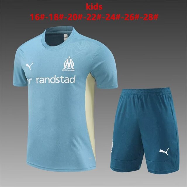 Kids 2024/25 Olympique Marseille Lake Green Shorts-Sleeve Kids/Youth Tracksuit Uniform-801