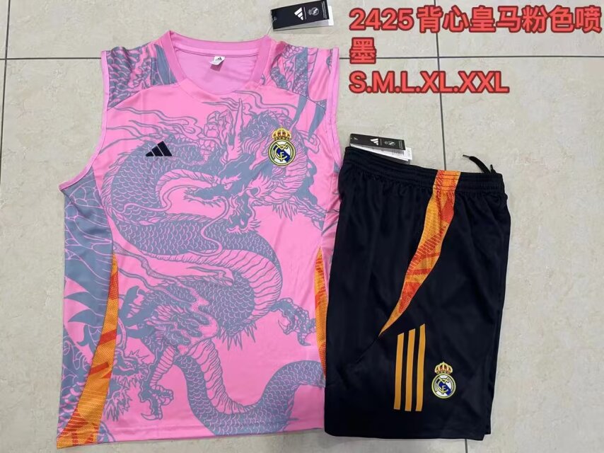 2024/25 Real Madrid Pink & Gray Shorts-Sleeve Soccer Tracksuit Vest Uniform-815