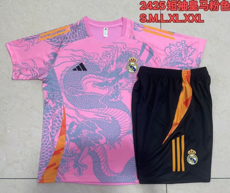 2024/25 Rea Madrid Pink & Gray Shorts-Sleeve Soccer Tracksuit Uniform-815