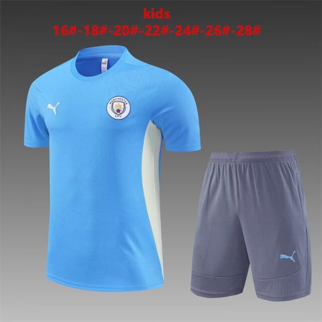 2024/25 Manchester City Light Blue Shorts-Sleeve Kids/Youth Soccer Tracksuit Uniform-801