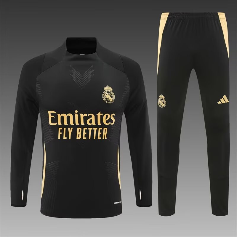 Player Version 2024/25 Real Madrid Black Gold Soccer Tracksuit Uniform-801