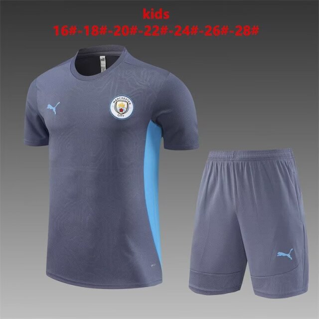 2024/25 Manchester City Dark Gray Shorts-Sleeve Kids/Youth Soccer Tracksuit Uniform-801