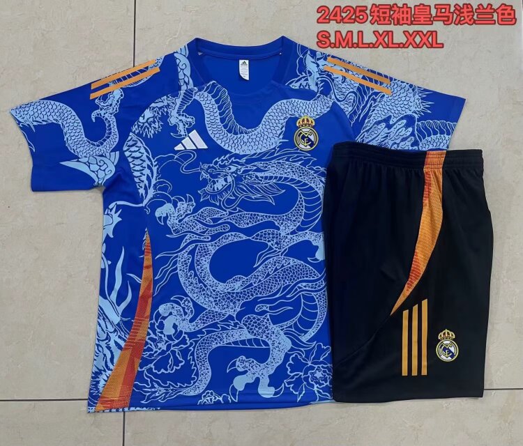 2024/25 Real Madrid Light Blue Shorts-Sleeve Soccer Tracksuit Uniform-815