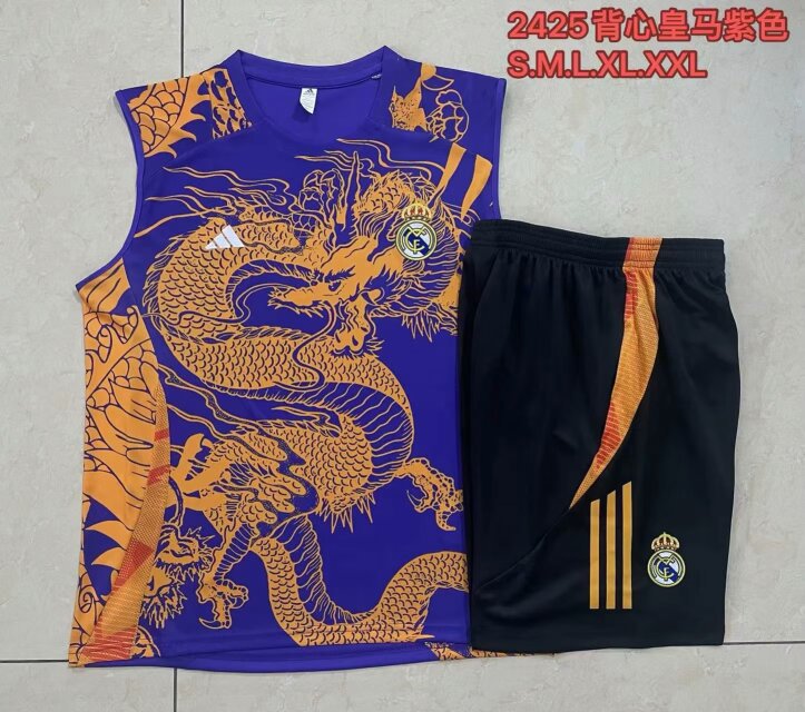 2024/25 Real Madrid Purple & Yellow Shorts-Sleeve Soccer Tracksuit Vest Uniform-815