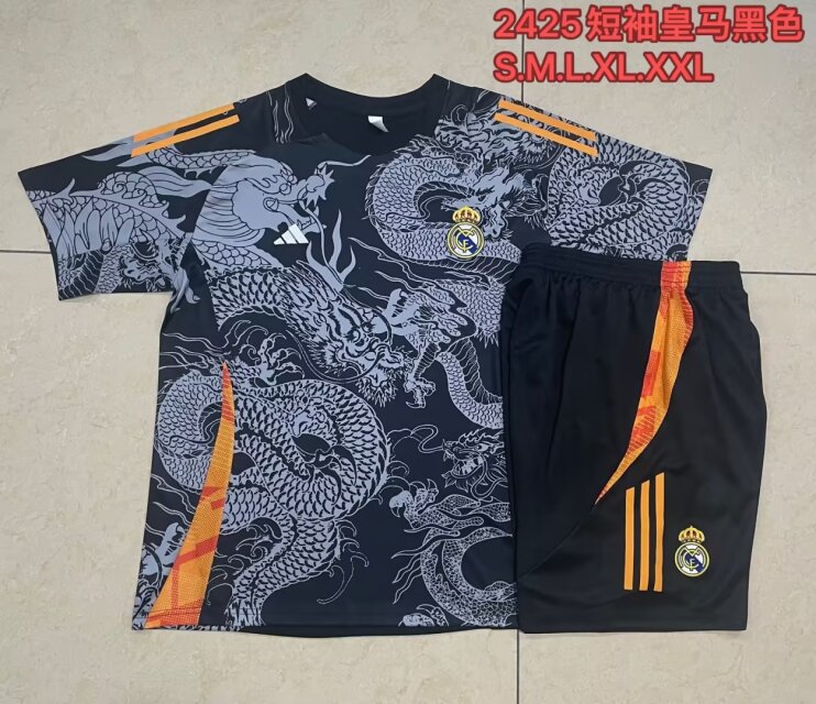 2024/25 Real Madrid Black & Gray Shorts-Sleeve Soccer Tracksuit Uniform-815