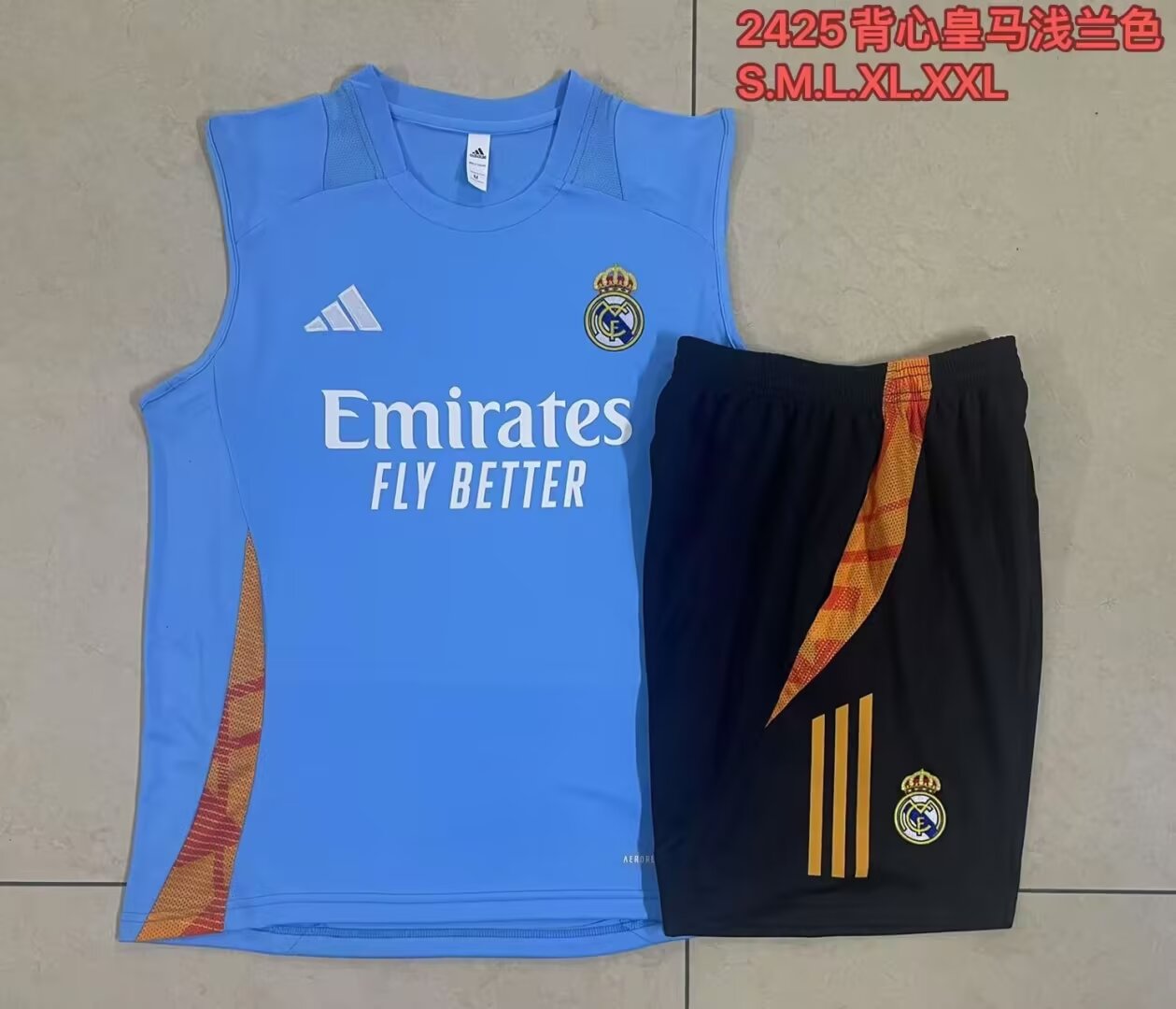 2024/25 Real Madrid Light Blue Shorts-Sleeve Soccer Tracksuit Vest Uniform-815