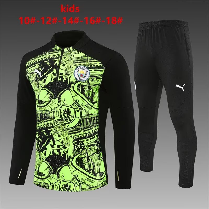 Camouflage Kids 2024/25 Manchester City Black & Green Youth/Kids Thailand Soccer Tracksuit Uniform-801/815