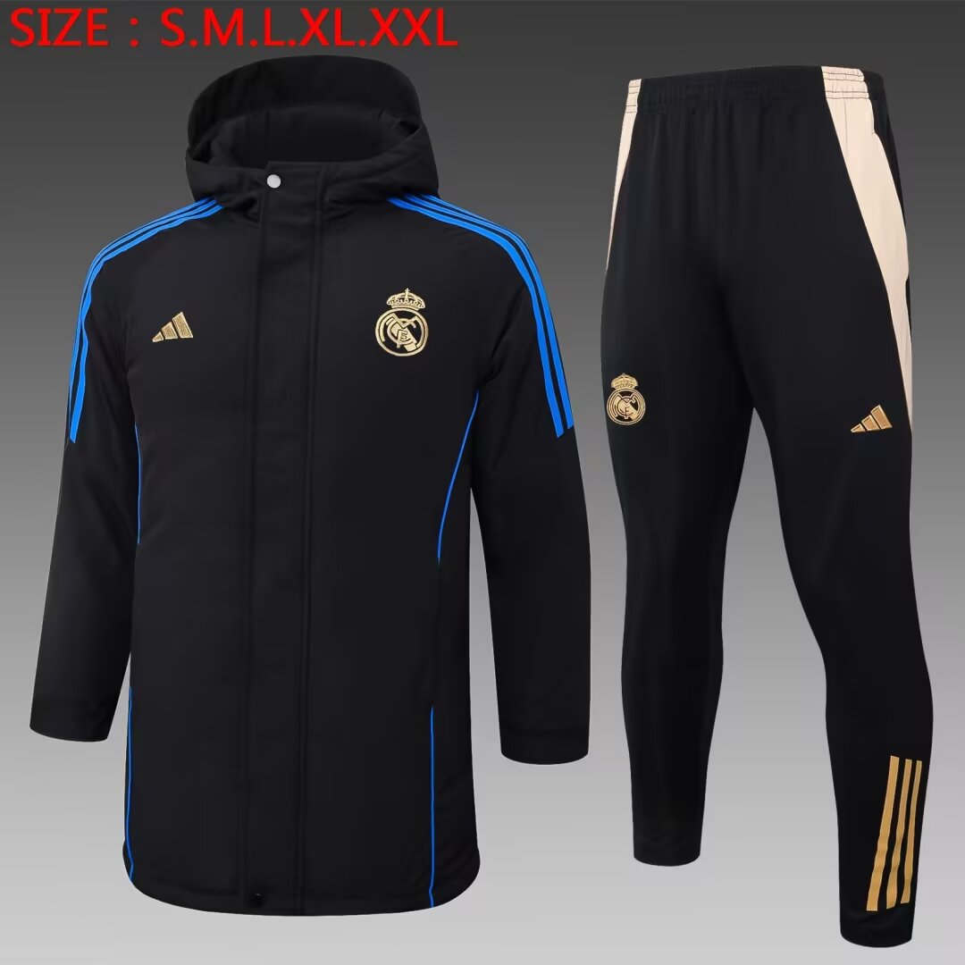 2024/25 Real Madrid Black Thailand Soccer Cotton Coat With Hat-815