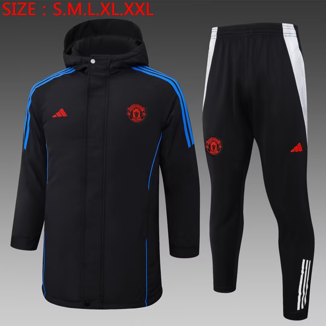 2024/25 Manchester United Black Thailand Soccer Cotton Coat With Hat-815