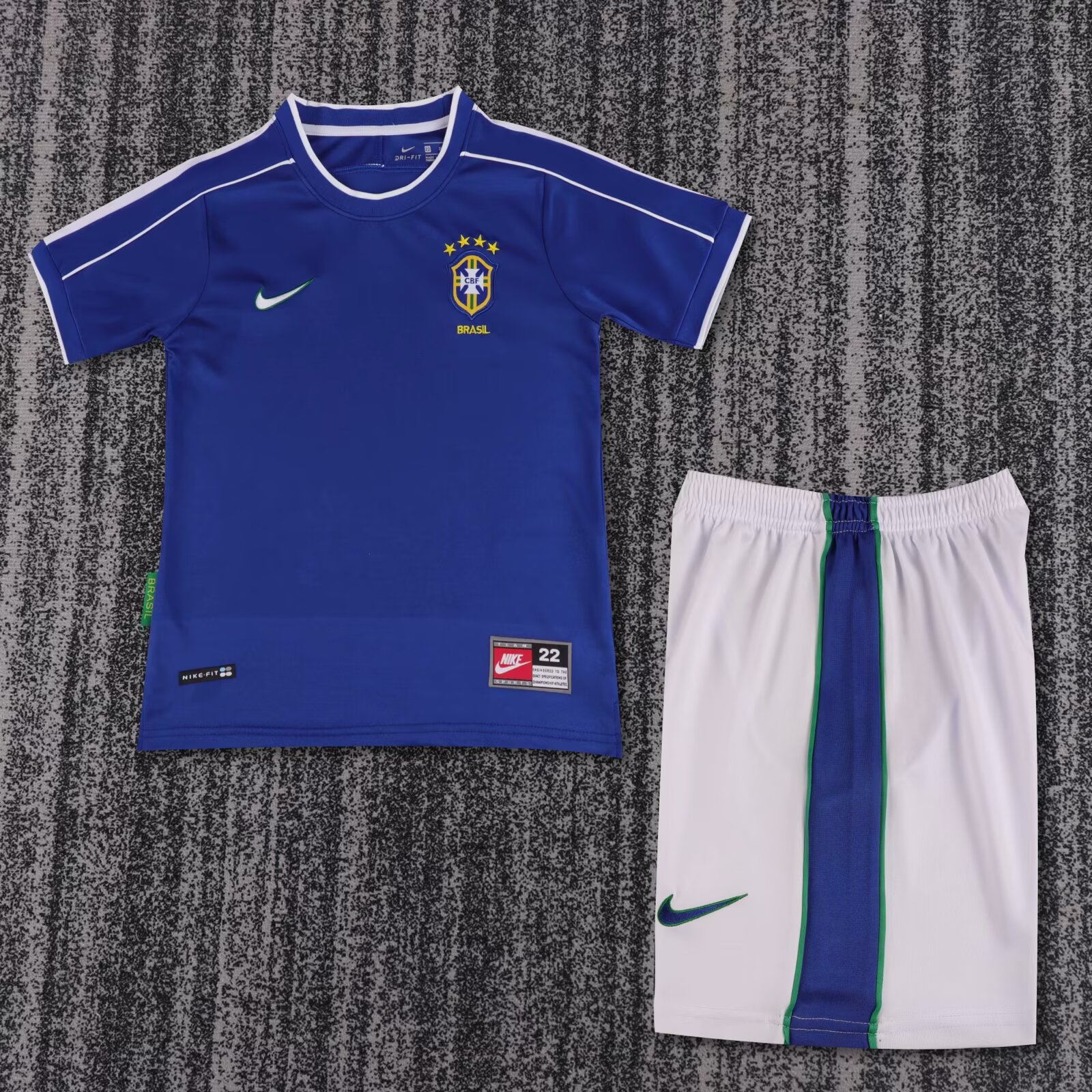 Kids 98 Retro Version Brazil Away Blue Kids/Youth Soccer Uniform-811